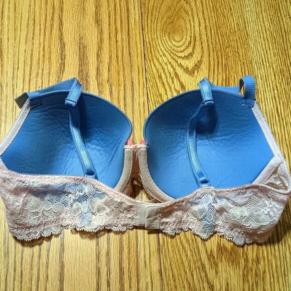 🧡 Victoria's Secret Dream Angels Lined Demi Blue with Pink Lace Overlay Bra - Picture 3 of 4